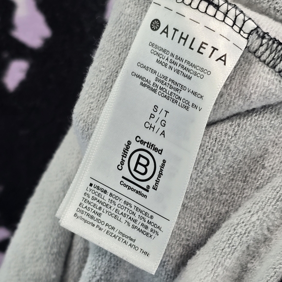 Athleta Sweatshirt Womens Small T Purple Coaster Luxe Printed V Neck Tie Dye - Picture 9 of 13